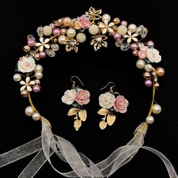 1 комплект Пролетно Бохемската перлена декорация от лента за коса, обеци, Плажна Хавайски цветя венец, романтични розови сватбени венци, цветя превръзка на главата