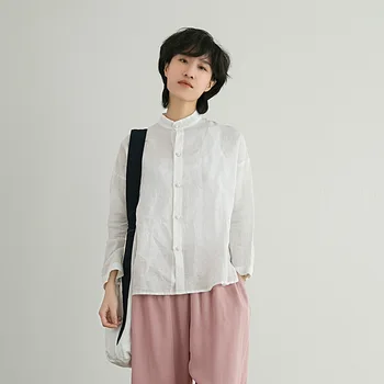 2017, дамски пролетно-лятна однотонная однобортная блуза, дамски ризи с висока яка, Дамски ленени Ризи