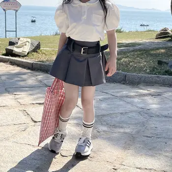 2023, лятна детска мини-пола в корейски стил, Плат за костюм, пола-чадър трапецовидна форма, обикновен мек памук модерен, Нов Дизайн