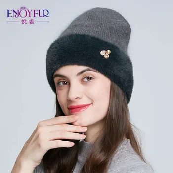 ENJOYFUR/ зимни възли шапки за жени, благородна, топла шапка от кожа заек, руски дамски ежедневни шапки с пайети
