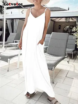 Eotvotee Секси рокля за жените, лято 2023, нови обикновена рокля на бретелях без ръкави с V-образно деколте, елегантна ежедневна рокля Макси във френски стил