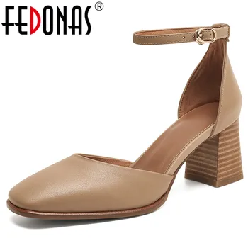 FEDONAS женски лодки с високо качество от естествена кожа каишка на глезена летни сандали елегантен офис женски партия дебели токчета на обувки Жена