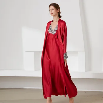 Jxgarb Женски есенно-зимния дълъг дизайнерски халат, хавлиени Комплекти, сатен елегантна роба + пижами, 2 броя, спално бельо