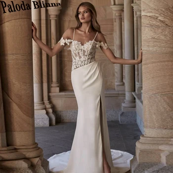 Paloda Стилни сатенени рокли на русалка с красива цепка, сватбени рокли за спагети презрамки, Vestido De Casamento Robe De Mariée, плюс Директен доставка