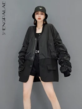 SHENGPALAE, черно сако, дамско свободно ежедневното палто с кръгло деколте и дълъг ръкав, однотонное палто 2023, есен нова мода Tide 5SD002