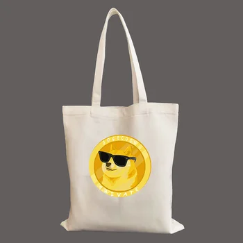 Биткоин Криптовалюта Арт Dogecoin To The Moon Криптомонета Холщовая чанта на рамото Студентски дамска чанта торби за Многократна употреба за пазаруване