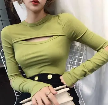 Блуза с дълги ръкави ins, есен, нов стил, куха тънка однотонная долна риза, секси памук топ за жени
