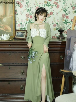 Годишен женски френски зелен сарафан midi в подтяжках с флорални принтом женственное рокля с цепка, без ръкави Нежно цвете елегантна рокля