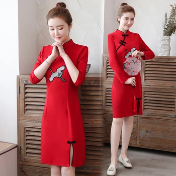 Големи размери на M-4XL, нова червена бродерия 2021, модерно съвременно рокля Чонсам, женски традиционни китайски рокля Ципао с дълъг ръкав