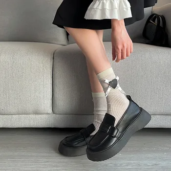 Дамски сладки чорапи в стил харадзюку, колеж, JK, Лолита, бели чорапи за прекрасни момичета, японската мода, дълги чорапи с превръзка във формата на сърце за високо