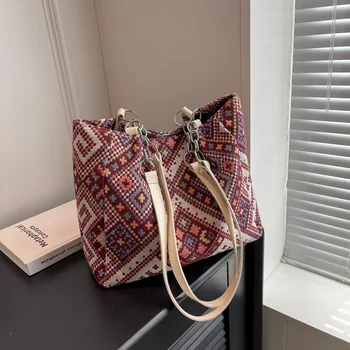 Дамски чанта за пазаруване в етнически стил, в стил ретро, преносими чанта през рамо за улични купувачи, пътни чанти