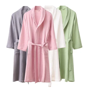 Двойка халат за баня от 100% памук, 3 слой на окото, мек домашен халат, дрехи за сън, водопоглощающая тънка пижама, хотелски кимоно.