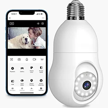 Камера за сигурност с 4-мегапикселова крушка 2,4 Ghz 360 ° 2K охранителна камера, WiFi Външна пълноцветен система за откриване на движение е Съвместима с Алекса Proy