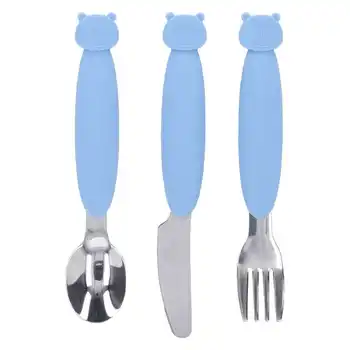 Комплект детски вилици и лъжици-ножове от неръждаема стомана, силиконова ергономична дръжка, набор от прибори за хранене с хубав принтом мечка за деца