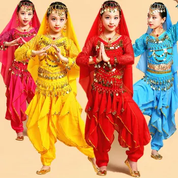 Комплект костюми за танци за момиче с дълъг ръкав, детски представа, индийски танци, Детски танц на корема, Египетски танцови костюми