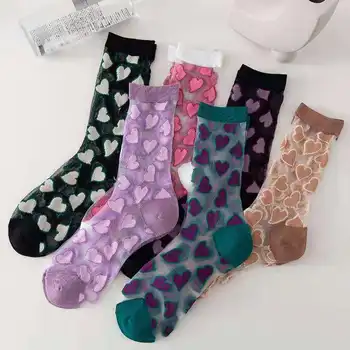 Летни Дамски Чорапи В Японски Стил, Красиви Копринени Чорапи От Кристално Стъкло С Принтом Сърце, Тънки Прозрачни Дълги Чорапи Kawaii За Момичета