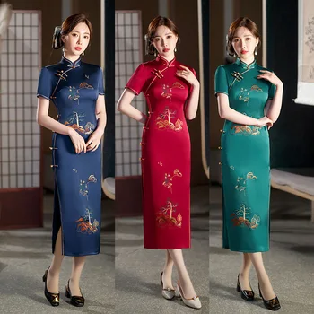 Летните Елегантни дамски китайски чонсам с бродерия, сатенени вечерни рокли Qipao Lady в ретро стил с висока яка
