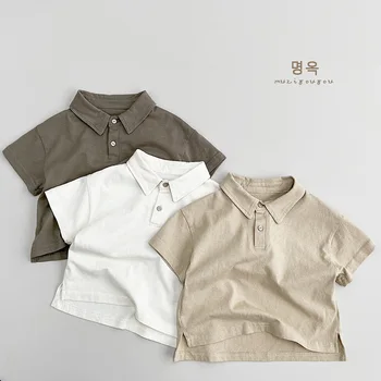 Лятна тениска в корейски стил, детски случайни свободен пуловер, потник, однотонная памучен тениска с къс ръкав за малки момчета и момичета