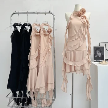 Лятото женствена рокля 2023 без ръкави, с пискюли и 3D цвете, пълномаслено, с затваряне на врата