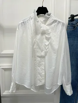 Модерен бял памучен риза с къдри, новост пролетта и лятото 2023