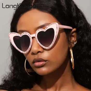 Модни Слънчеви очила в ретро рамка във формата на сърце, Дамски слънчеви очила с кристали, Дамски розови вечерни очила Gafas De Sol Uv400