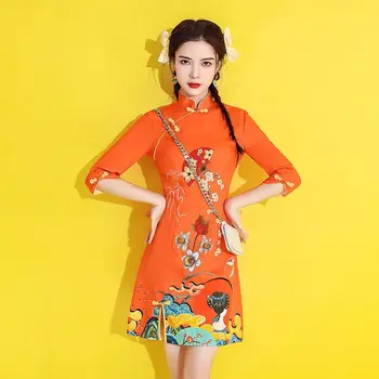 Новата Китайска Мода Пола Чонсам, Нова Популярен Кратък Стил, Подобрено Червена Рокля на Шаферка на Млади Момичета, Вечерна Рокля Ципао за Жени