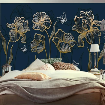 Потребителски стенописи, 3d тапети модерен светлина луксозна линия с позлатени релефни цветя ТЕЛЕВИЗИЯ фон на стената дневна спалня стенопис фотообои