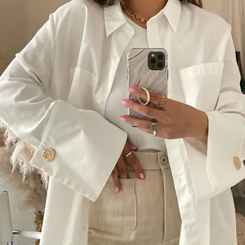 Пролет 2023, дамска бяла риза с копчета, жилетка, потник, Модерен бизнес блуза с отложным яка и дълъг ръкав, дамски офис облекло