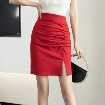Пролет-лято червено-Черни мини-поли, женски Дрехи с висока талия, секси къса пола с цепка, модерен офис пола в корейски стил, дамска Пола-cargo