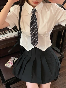 Реколта ризи Korobov, които намаляват възраст, вратовръзка в стил колеж, Дамски блузи с къс ръкав, нередовен съкратен Y2k, върховете на корейската мода, Camisas