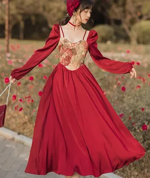 Ретро Снимка с маслени бои Жаккардовое червена рокля, женски Винтажное принцеса рокля с каишка на врата и дълъг ръкав, празнична дреха Rouge Femme