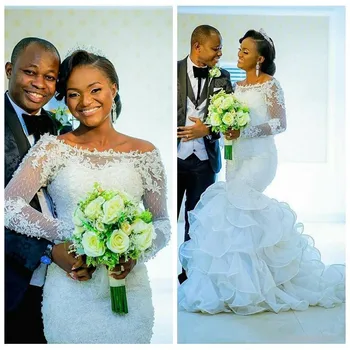 Сватбени Рокли на Русалка с великолепни накъдрен, африканските дантела, 2023, апликация, дълъг ръкав, сватбена рокля за младоженци