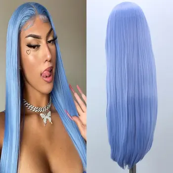 Синтетични перука на дантели светло син цвят, прави Косата от устойчиви на топлина влакна, натурален косата е без пробора За бели Женски Перуки