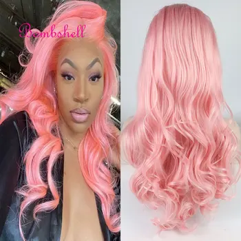 Синтетични перука с дантела отпред, живи розово коса от естествени вълнообразни топлоустойчива влакна, натурален косата е без пробора за бели Жени, перуки