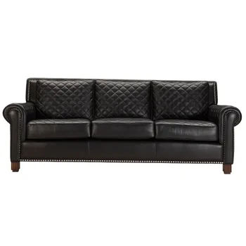 Съвременната висококачествена класическа дневна с т-образен диван, диван от естествена кожа, американски стил, диван Честърфийлд, 3 места, черен