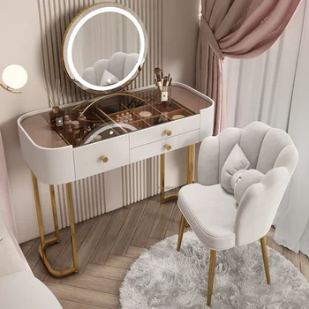 Тоалетка за спалня в скандинавски стил, Стъклени Мебели за дома, Луксозни скринове за съхранение, модерен тоалетка със светъл огледало и табуреткой