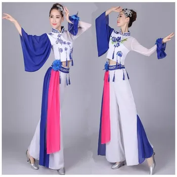 Традиционната китайска дрехи, женски фен на древните народни танци Янко, син костюм, костюми, дамски танци стриктно да се изисква, облекла за танци, рокля