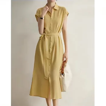 Френският Стил, елегантният темперамент, крепдешиновое коприна рокля, светло жълта рокля, лятно нова рокля-поло яка-ботуш от естествена коприна тутового цвят