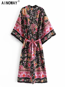 Черни Колани с флорални принтом, винтажное луксозно дамско богемное кимоно с ръкави 