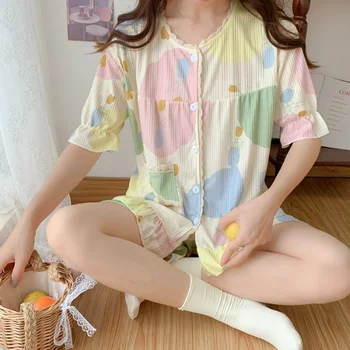 Японски пролетно-летния нов дамски пижамный комплект, дантелени памучни панталони с квадратна деколте и къс ръкав, комплект от две части, домашен костюм